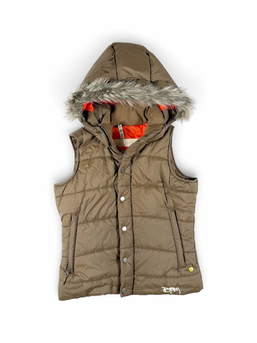 Burton Rancher Puffy Vest Brown Faux Fur Hood Insulated Women’s Small
